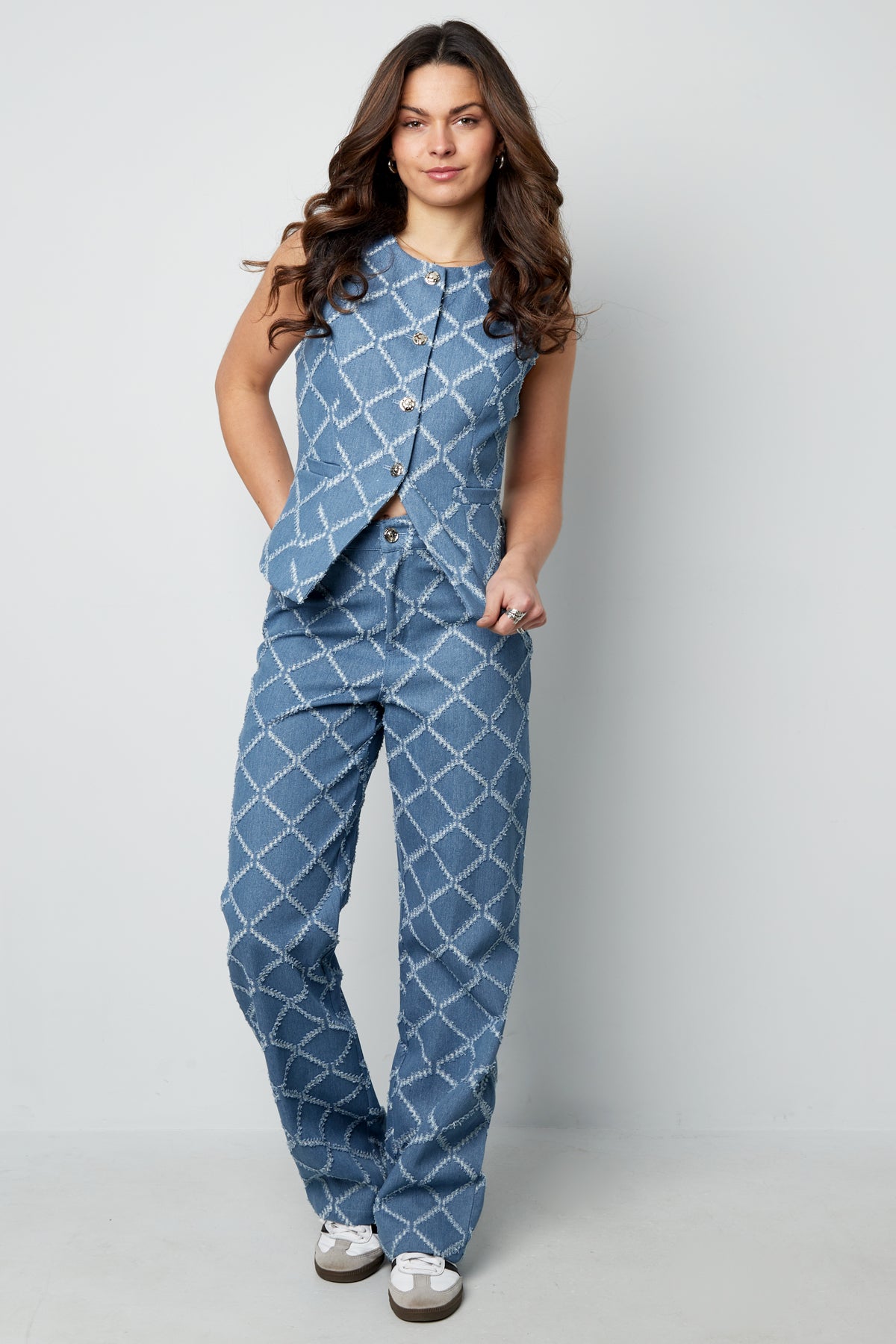 Cotton Woven Women's Straight Leg Pants Plaid Casual