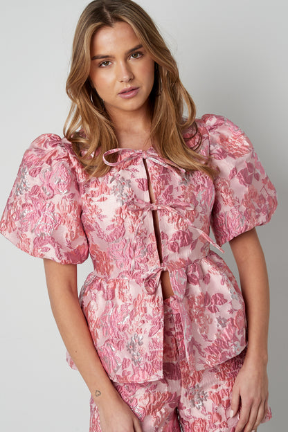 Woven Polyester Fiber Women's Short Sleeve Top Elegant Floral Print