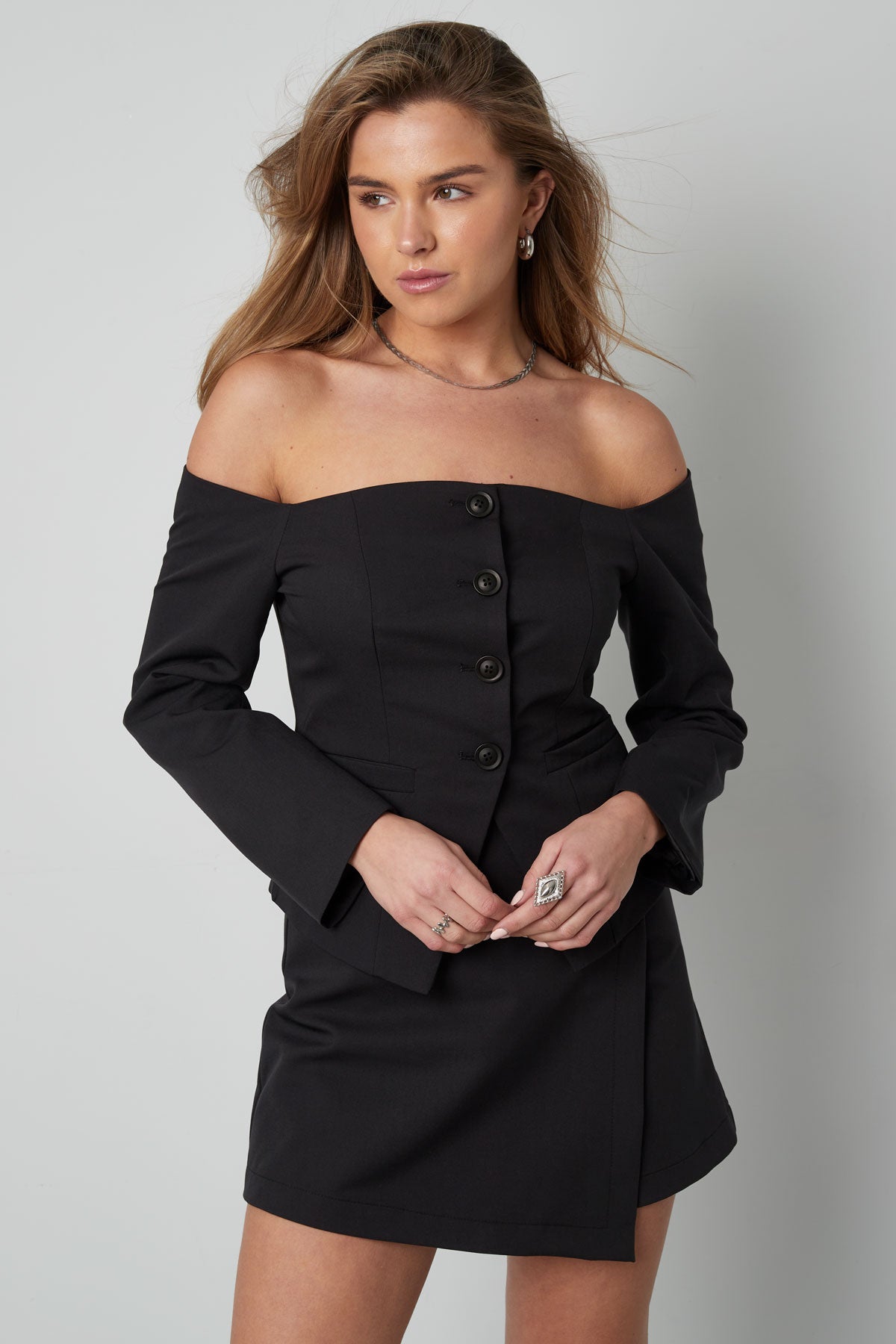 Polyester Women's Off-Shoulder Long Sleeve Top Buttoned Front Design