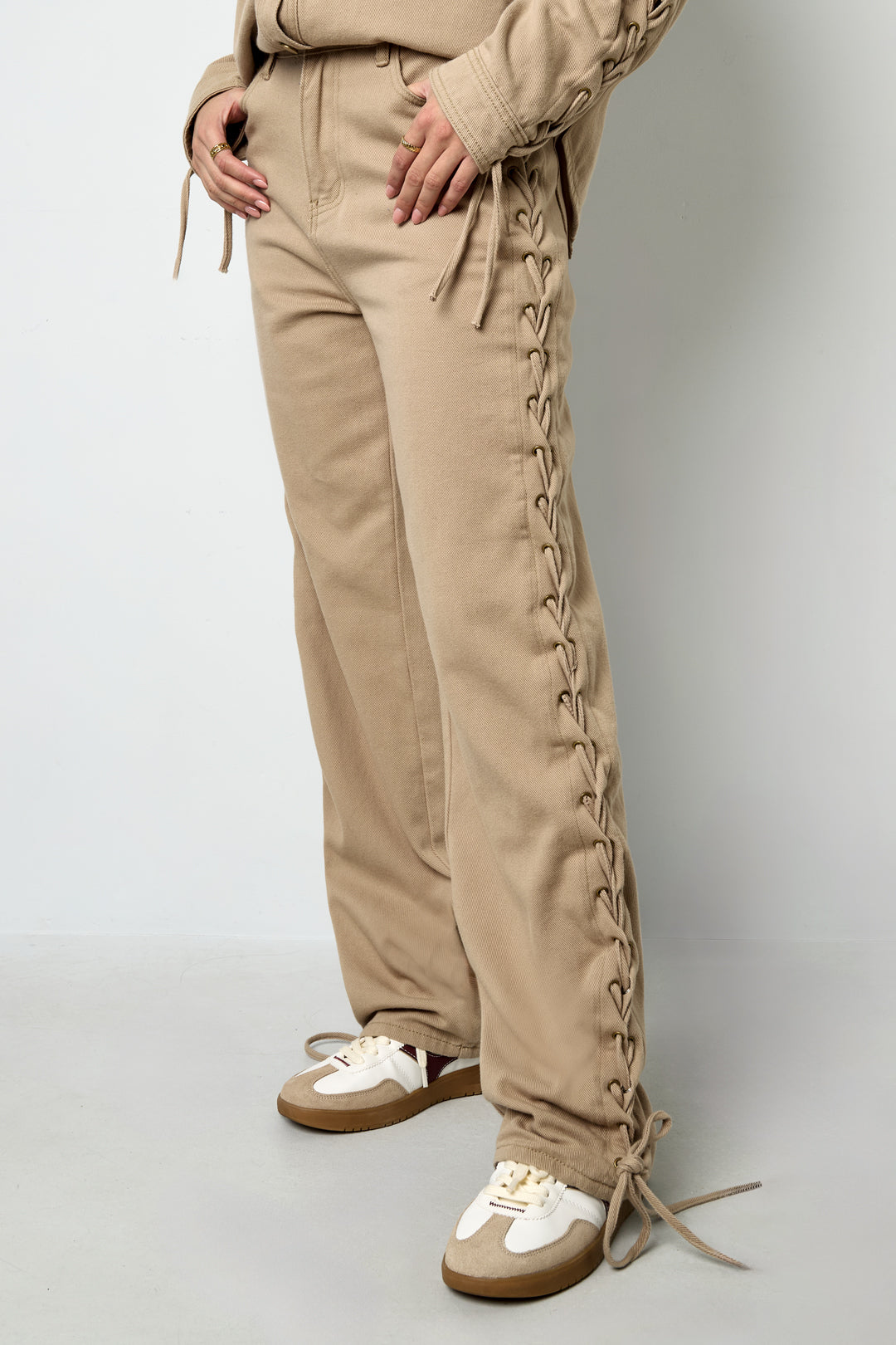 Woven Cotton Women's Straight Leg Pants Tie-up Casual