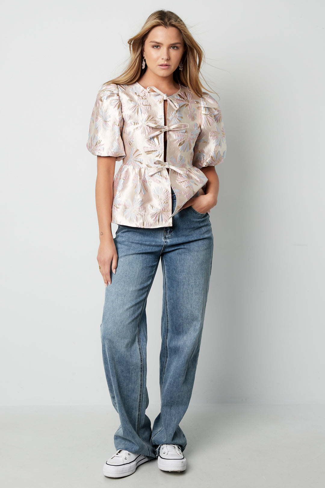 Woven Polyester Fiber Women's Short Sleeve Top Elegant Floral Print