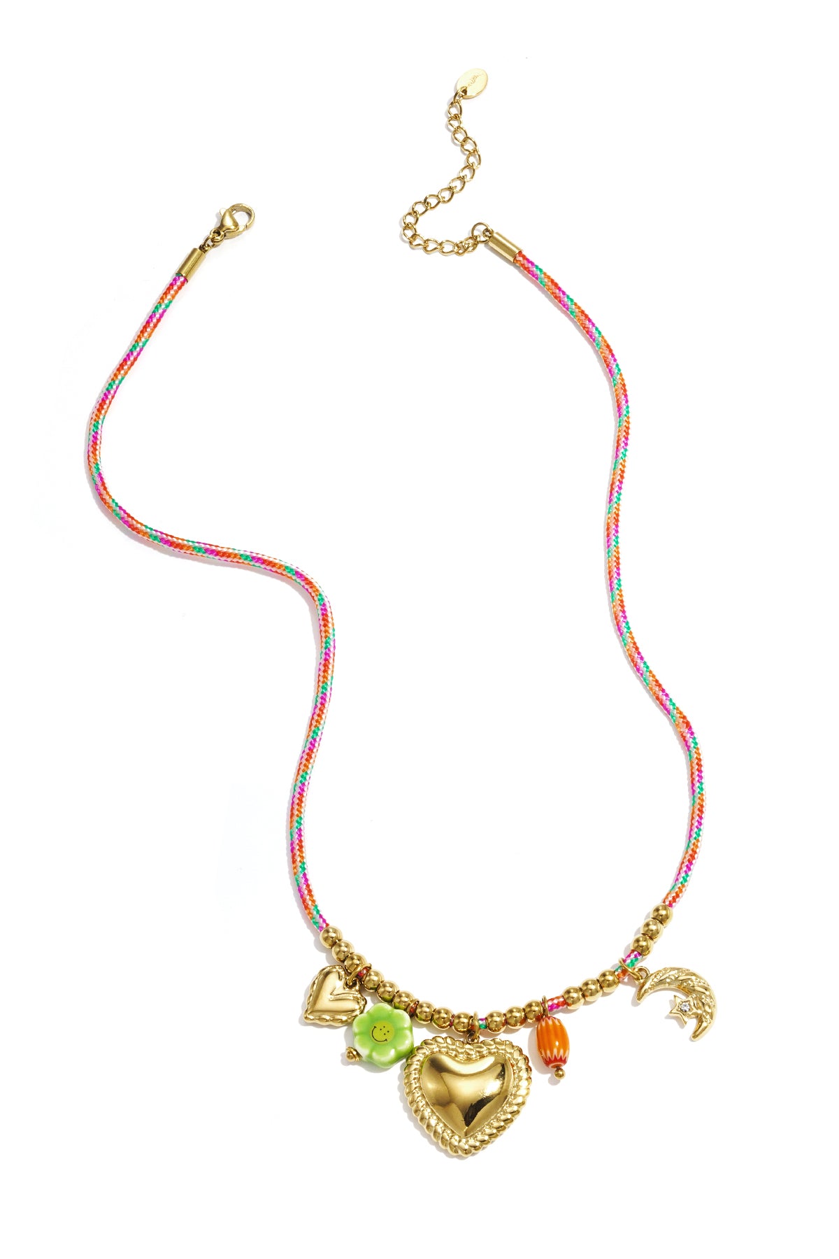 Colorful cord necklace with varying pendants
