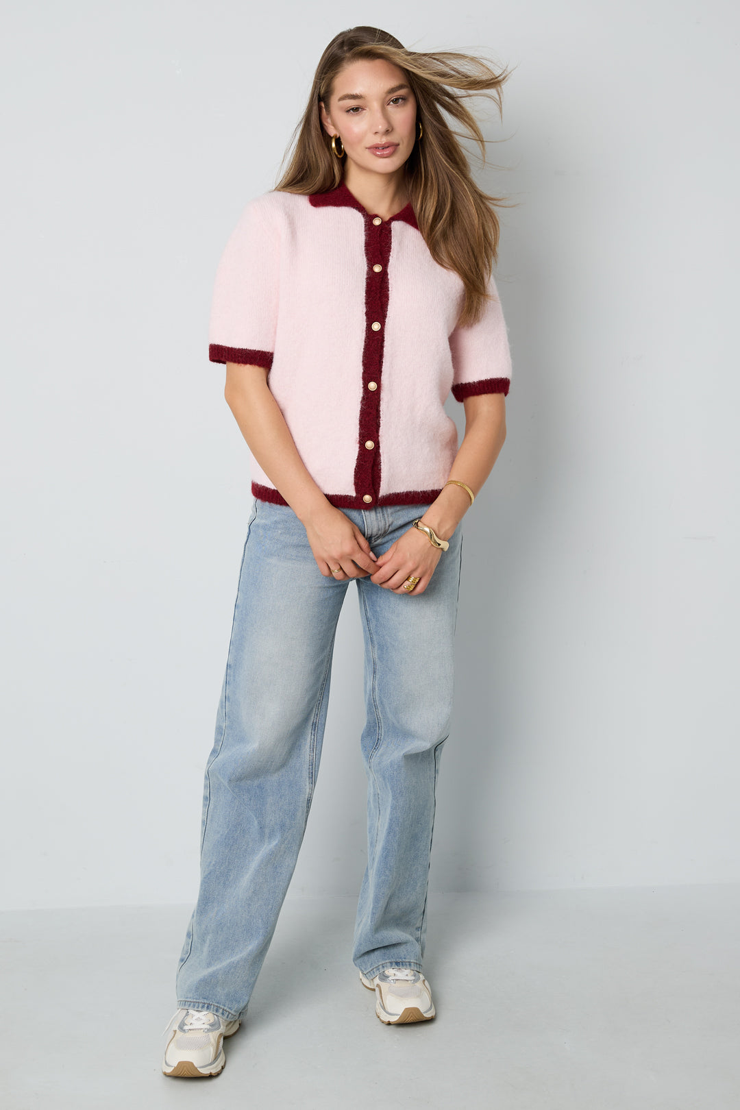 Knitted Polyester Fiber Women's Knit Cardigan Casual Color Clash