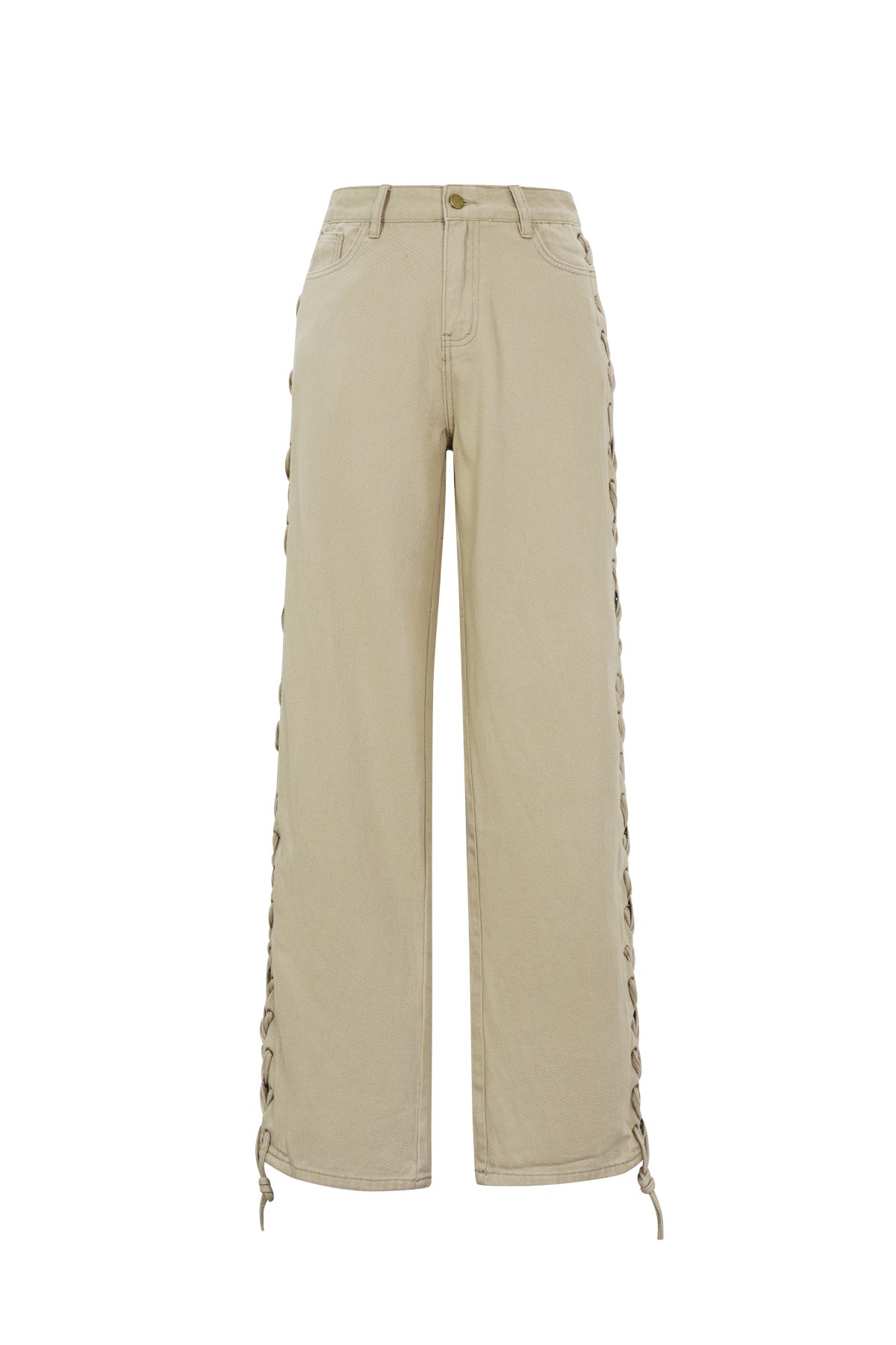 Woven Cotton Women's Straight Leg Pants Tie-up Casual