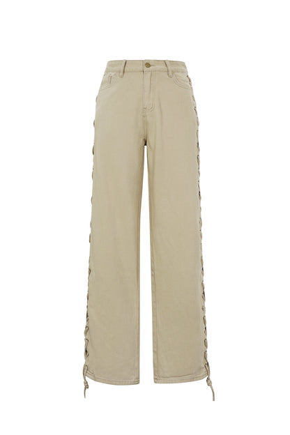 Woven Cotton Women's Straight Leg Pants Tie-up Casual