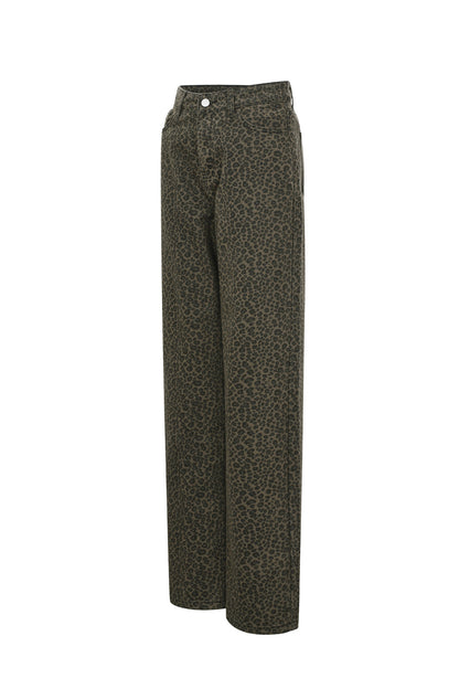Woven Cotton Women's Straight Leg Pants Leopard Print Fall/Winter