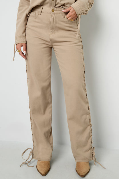 Woven Cotton Women's Straight Leg Pants Tie-up Casual